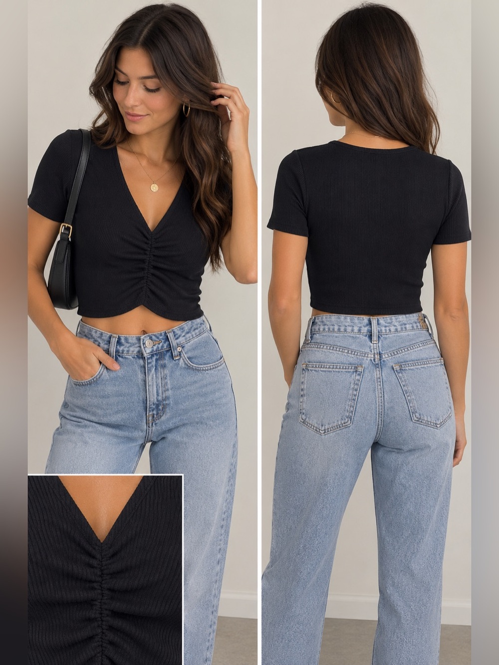 AQUA Black Ribbed Ruched Cropped Top |  Size Medium NWT